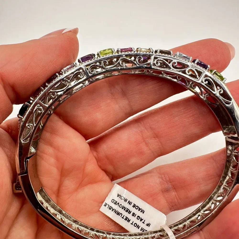 NWT Multi-gemstone and stainless steel hinged bangle/ bracelet!‎